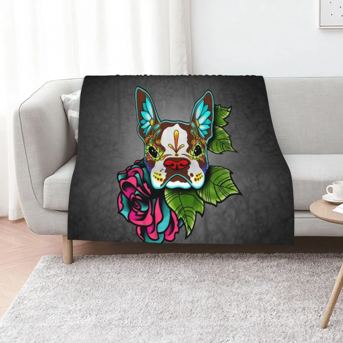 

Boston Terrier in Red - Day of the Dead Sugar Skull Dog Throw Blanket Lightweight Warm Blanket for Indoor Outdoor Use