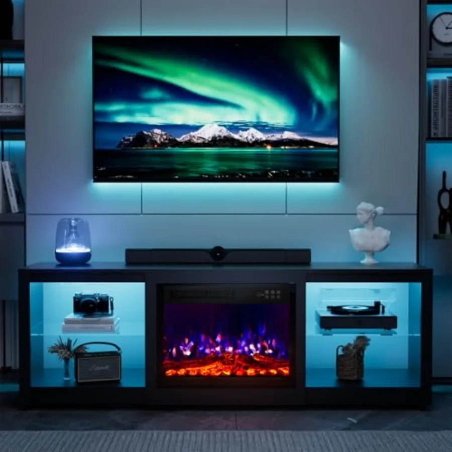 

70 inch TV Stand with 23 Electric Fireplace LED Light Entertainment Center for Living Room Glass Shelves Remote Control Black