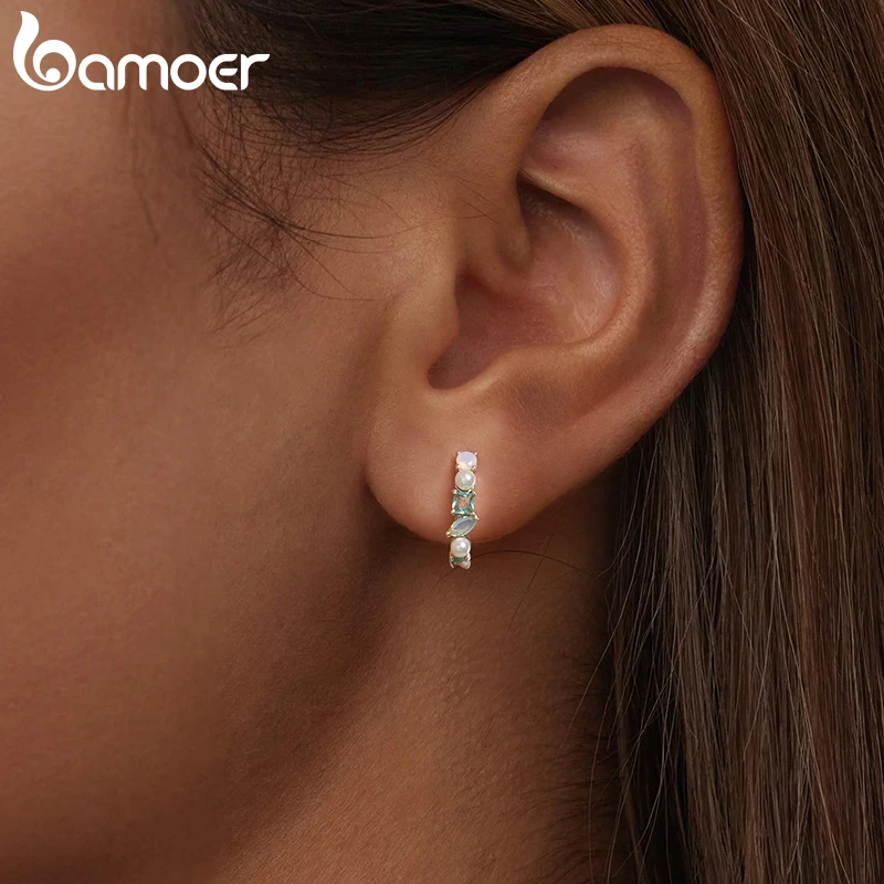 Bamoer 925 Sterling Silver Original Colorful Ring Hoop Earrings White Gold Colors For Women Party Anniversary Fine Jewelry Set