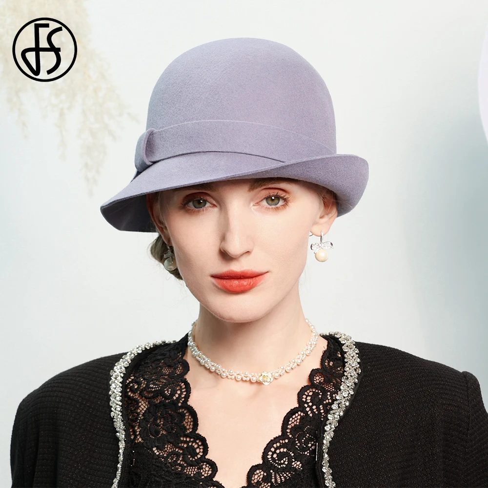 FS British Gray Fedoras Simple Wool Felt Hats For Women Curl Brim Bowler Cap Winter Ladies Leisure Warm Shopping Millinery