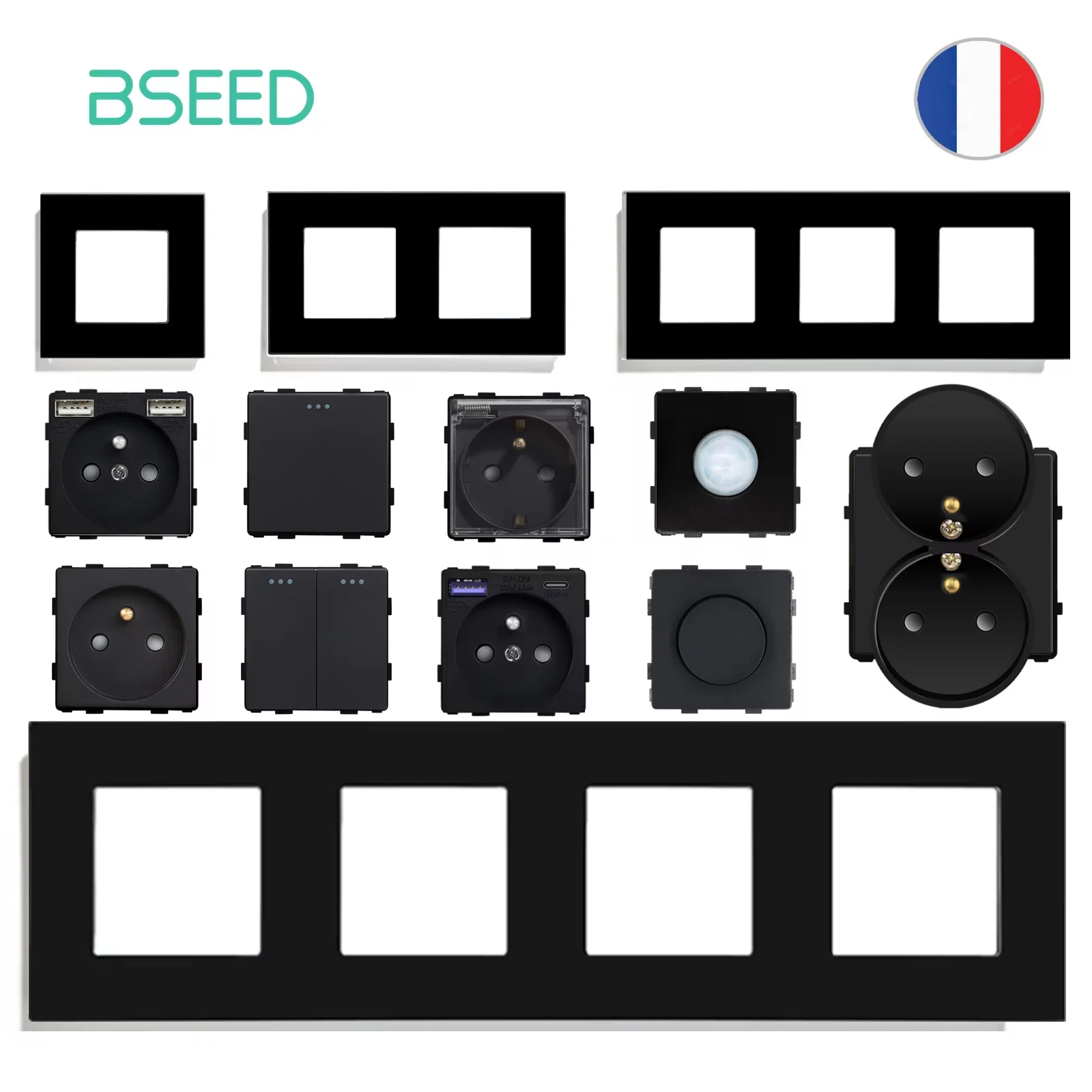 BSEED DIY France Standard USB Socket Button Switch With Crystal Glass Frame Panel Black Home Type-c Phone Charge Socket French