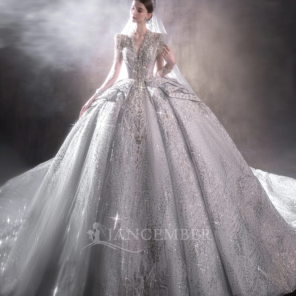 브이넥 오간자 웨딩드레스 맞춤형 긴 소매 웨딩드레스 진주 공주 레이스 웨딩드레스 웨딩드레스