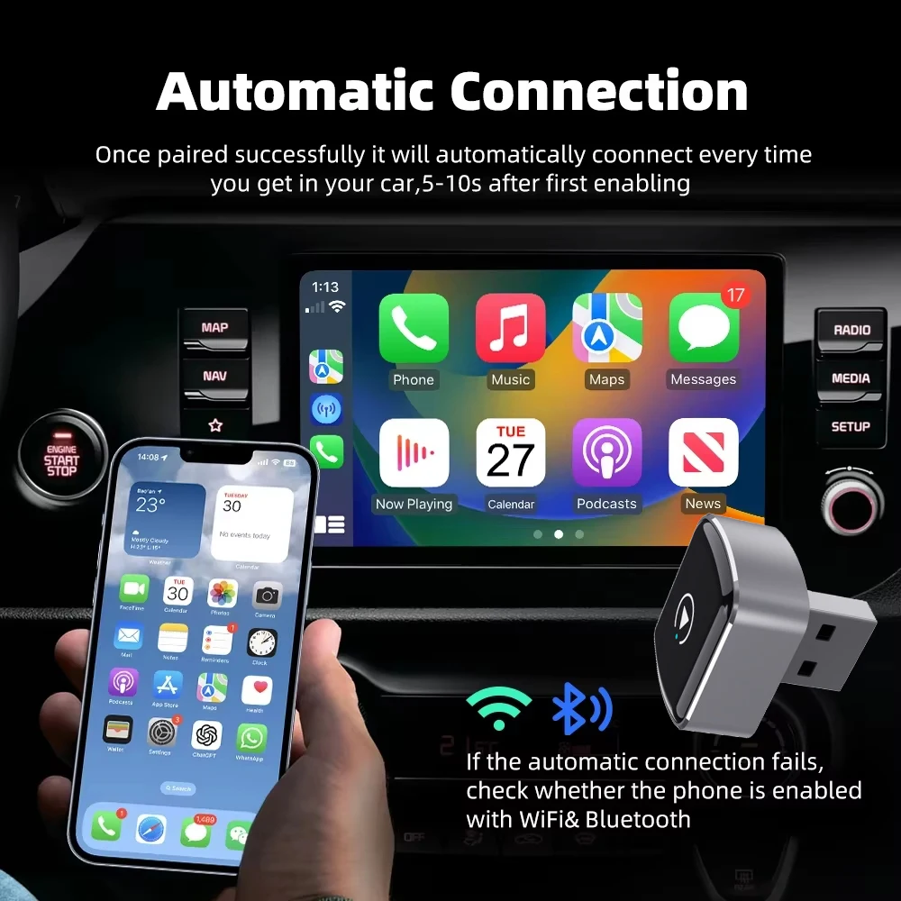 Wireless CarPlay Android Auto AI Box Plug & Play Auto Connect 2in1 for Cars Watch Netflix YouTube in Car 5G WiFi HD Xlintek KM12