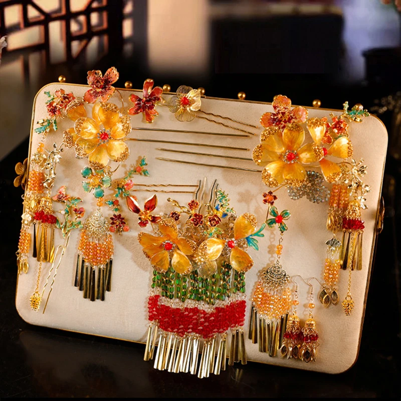 Golden Chinese Style Bride Xiuhe Headwear Dragon Phoenix Hair Accessories for Wedding Marriage Xiuhe Clothing Hairpin Set