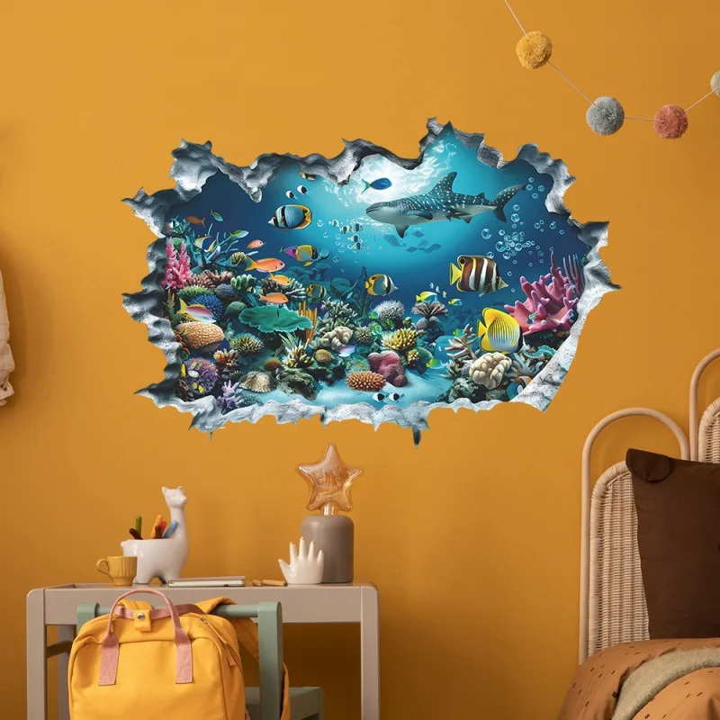 3D Shark Breaking Wall Decal Ocean Underwater World Mural Self-Adhesive Wall Sticker for Bedroom Living Room Home Decoration view 5