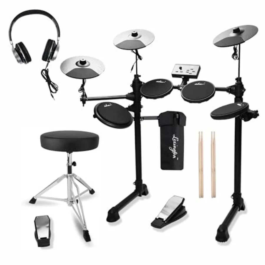 

ADM Electronic Drum Set with 4 Quiet Electric Drum Mesh Pads 180+ Sounds Black Drum Kit for Beginners with 2 Switch Pedals Thro