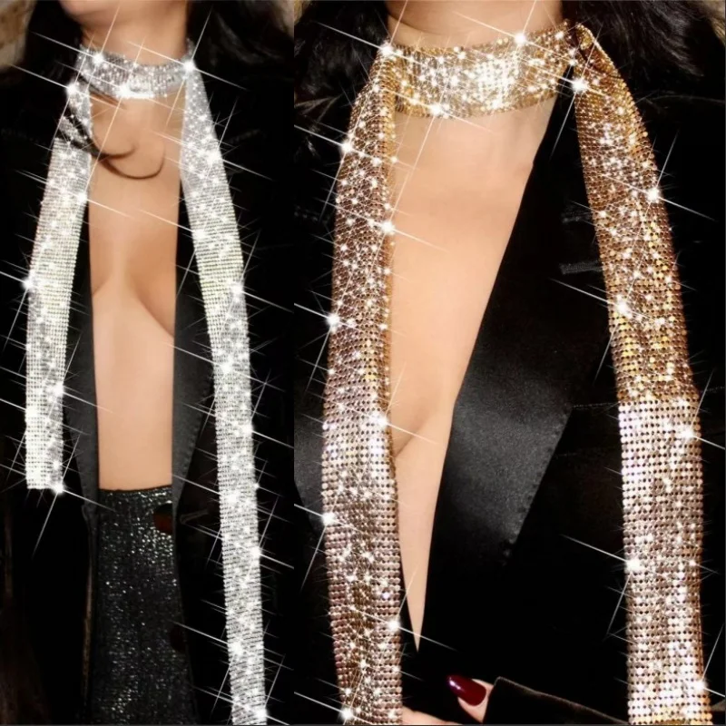 Damen Punk Aluminium Legierung Pailletten Krawatte Kette Anhänger Halsband Lange Dünne Hals Kragen Halsketten Schal Schal Sexy Mode Schmuck – Detail 1