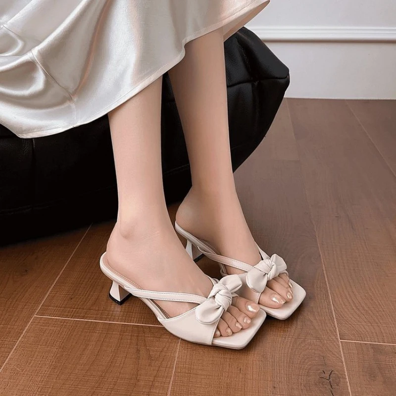 Women Bow Knot Square Toe Chunky Heel Sandals Open Toe Slip On Elegant Summer Party Office Casual Shoes For Ladies