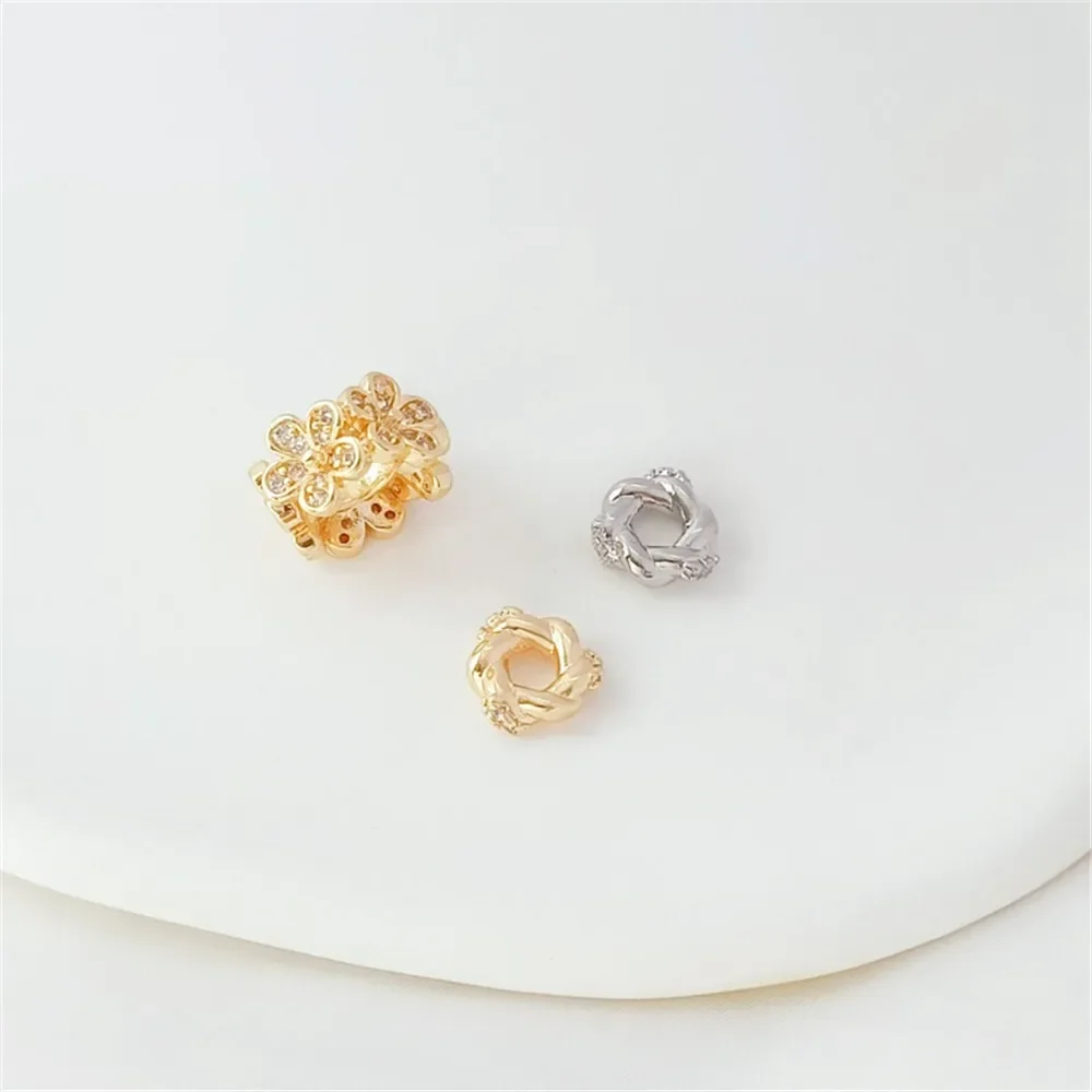 14K Gold Plated White K Zircon Inlaid Twisted Spacer Beads & Five-leaf Flower Spacer Beads, DIY Jewelry Loose Bead Accessories