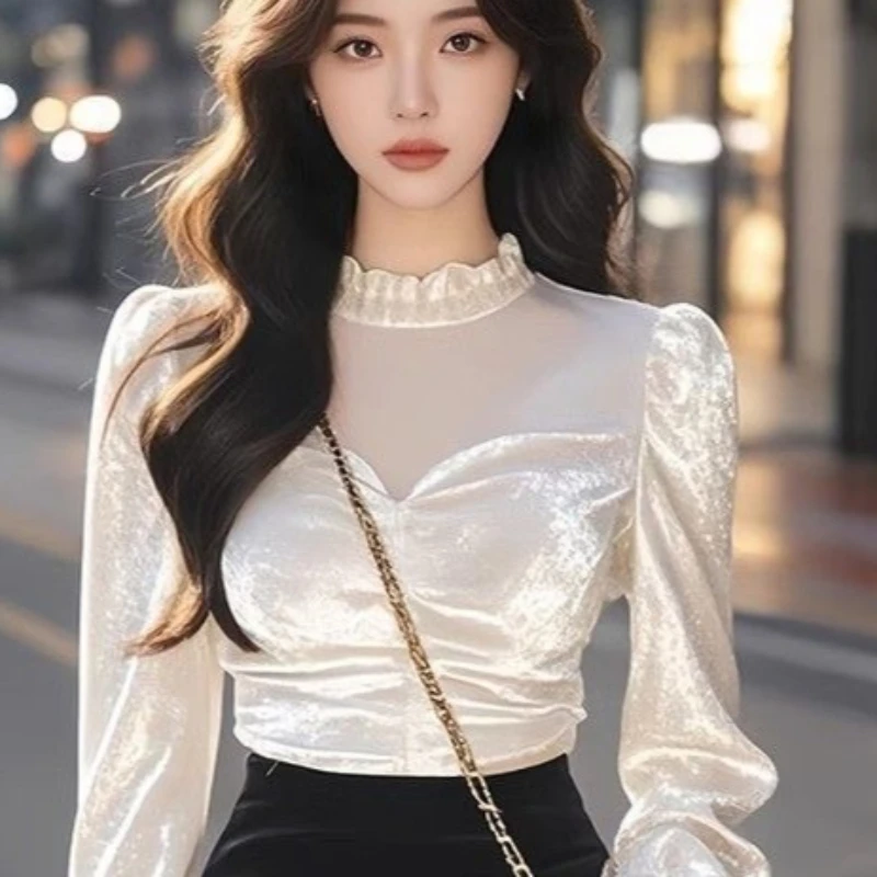 

Бархатная женская рубашка с длинным рукавом, новый осенний базовый слой во французском стиле, специальный маленький топ TT1241