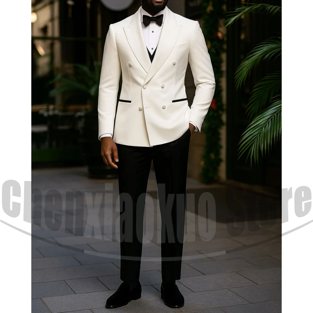 

Men Suits Fashion Peak Lapel Double Breasted Wear Custom Made Wedding Slim 3 Pieces Tuxedos Best Man Suits (Jacket+Pants+Vest)
