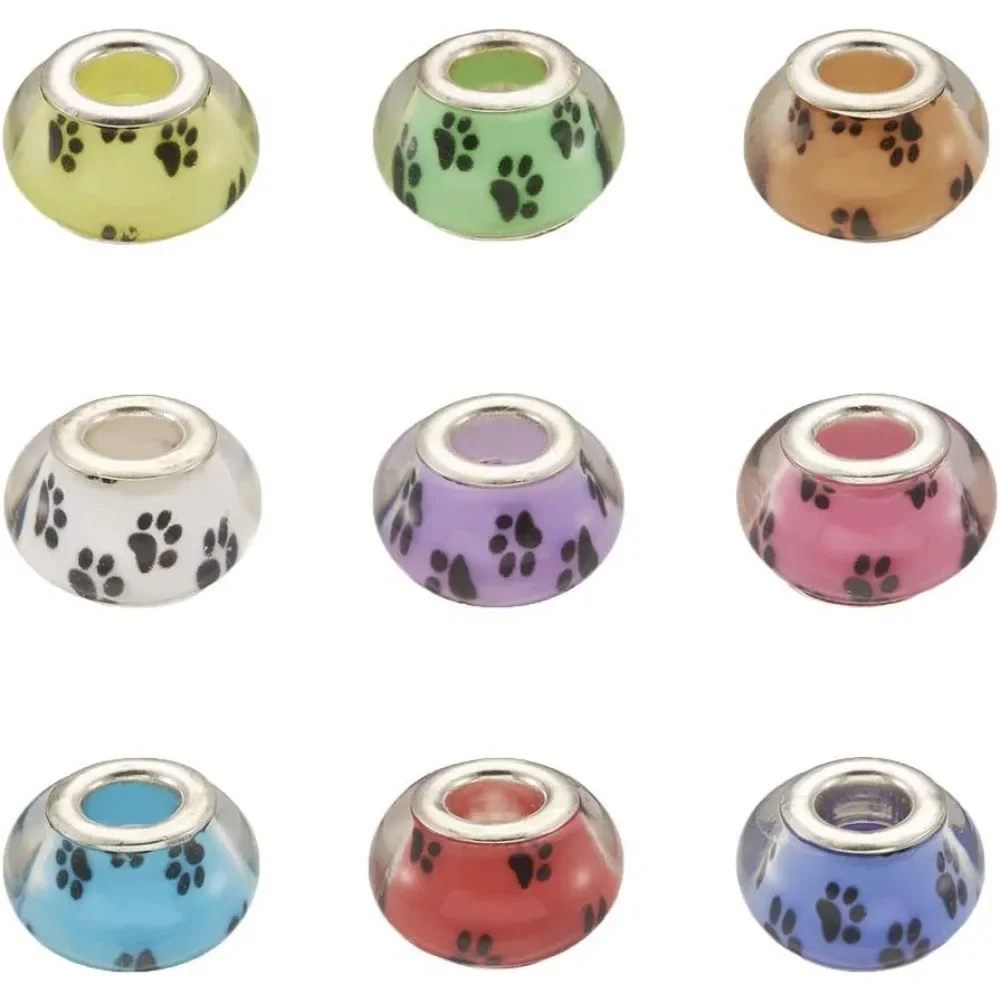 

10/20/50Pcs Large Hole European Spacer Beads Mixed Colors Dog Paw Printed Rondelle Slider Beads for Snake Chain Jewelry Making