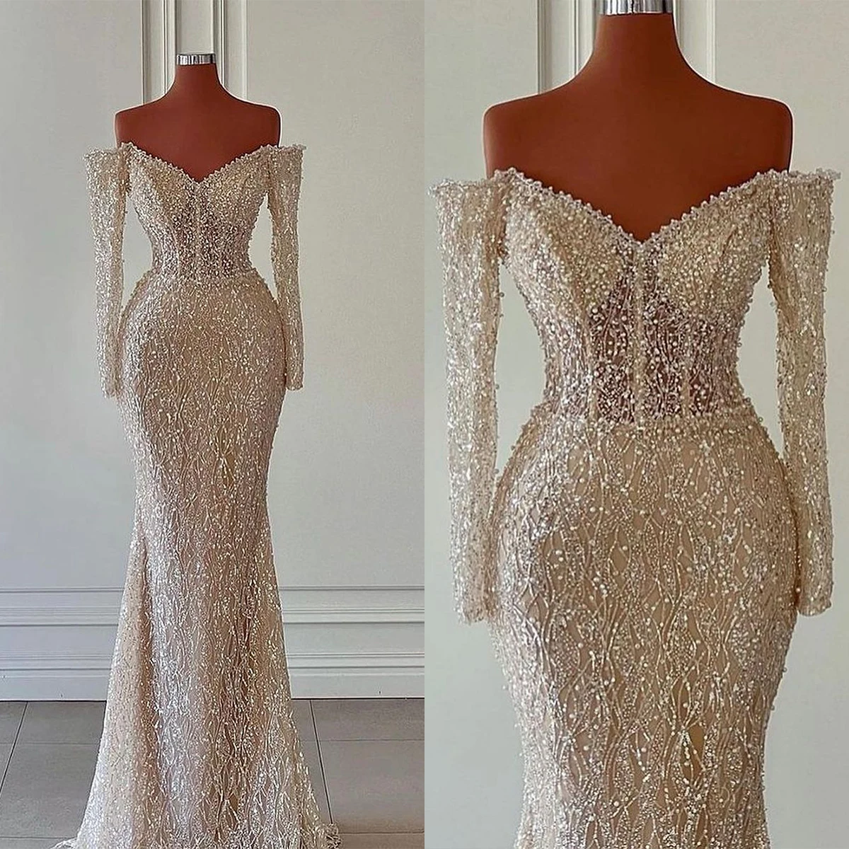 Vintage Mermaid Wedding Dresses For Women V-Neck Sequins Bridal Dress Long Sleeves Gown Sweep Train Skirt Custom Made