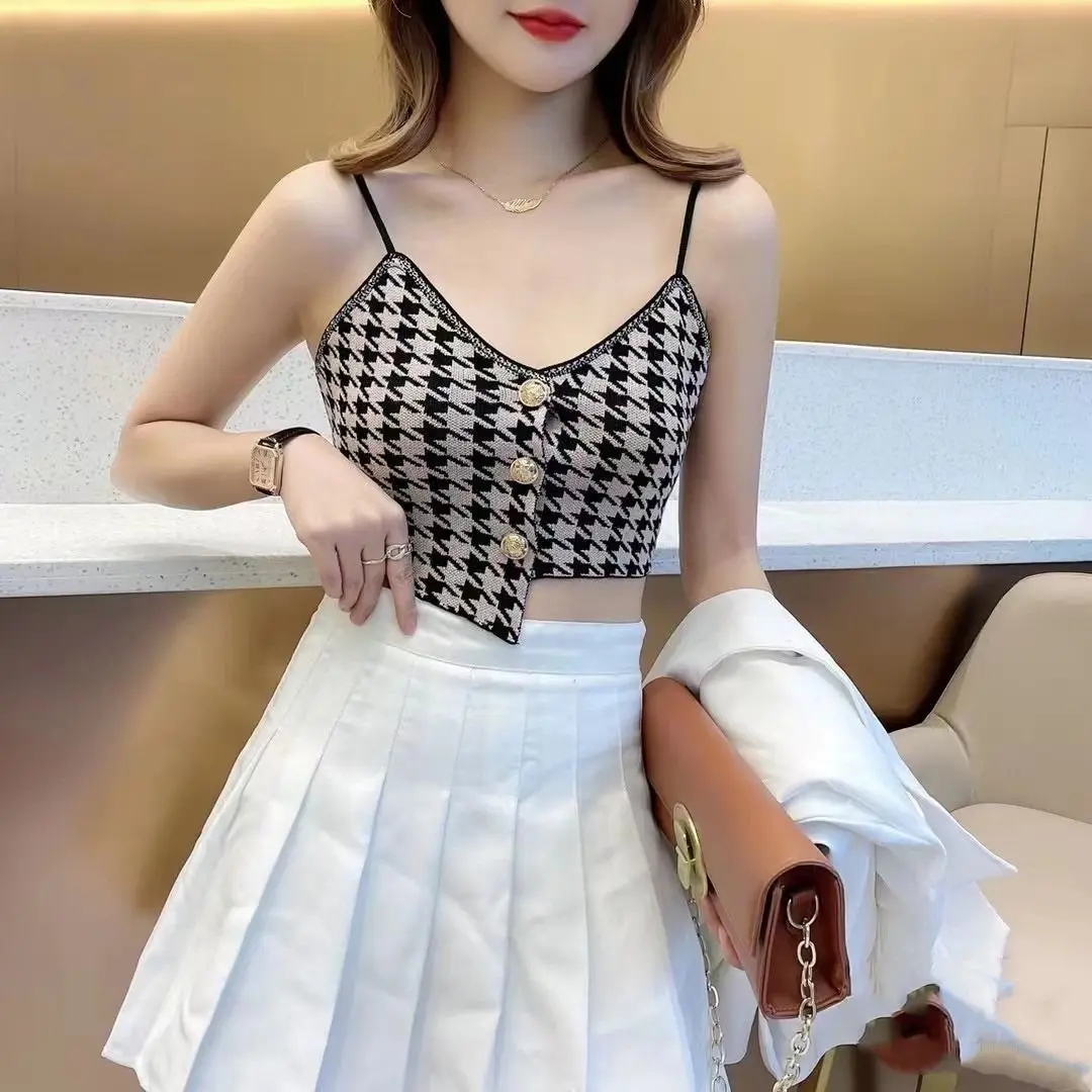 Spring Summer Temperament Houndstooth Top Tee Female Fashion Buttons Irregular Knitting Sling Camis 2024 New Fashionable Tops