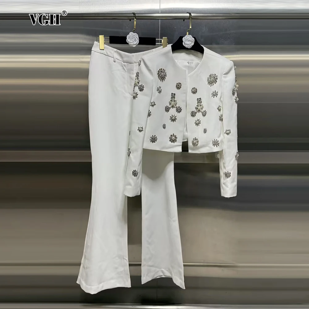 VGH Elegant Two Piece Sets For Women Round Neck Long Sleeve Spliced Diamonds Short Top High Waist Flare Pant Slim Set Female New