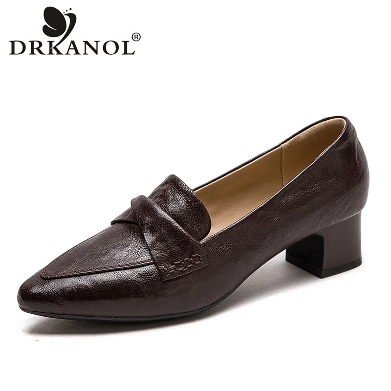 

DRKANOL 2024 Women Pumps Elegant Thick Heel Pointed Toe Shallow Quality Genuine Leather Sheepskin Slip On Commuter Office Shoes