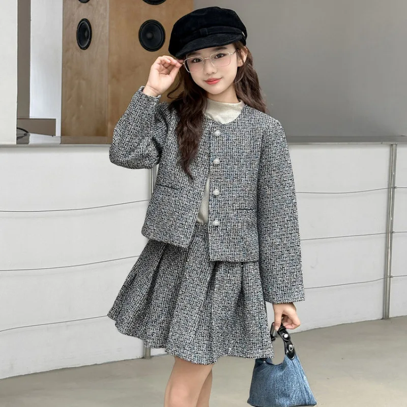 

Teenager Girls Two-piece Sets Autumn Children Girl Single-breasted Long Sleeve Coat Junior Girl Pleated Skirt 4-14Y Girls Outfit