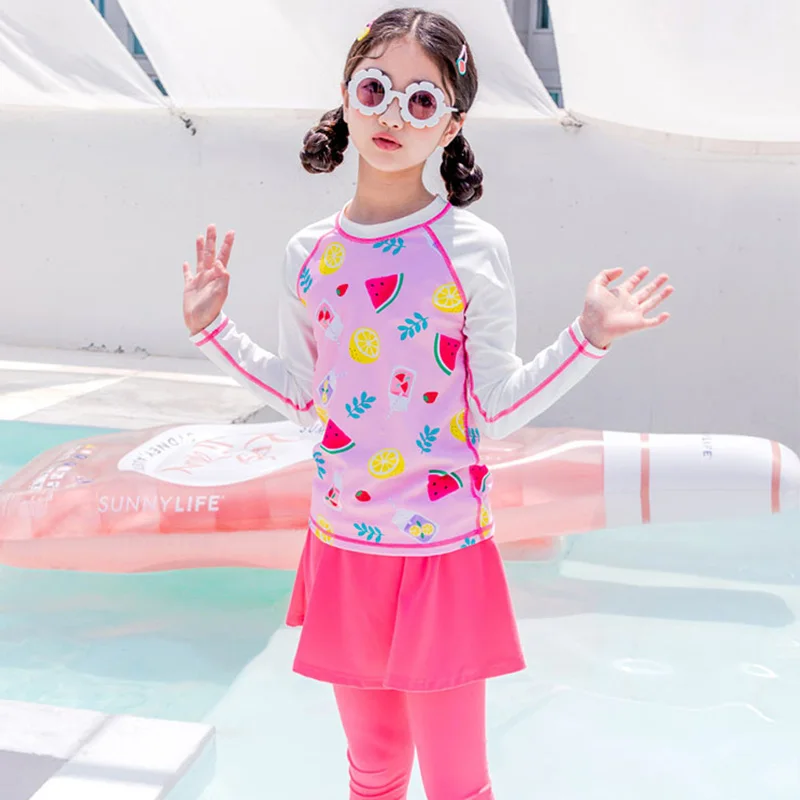 Korean girl sun protection quick drying swimsuit children\'s swimsuit princess long sleeved trouser skirt two-piece swimsuit