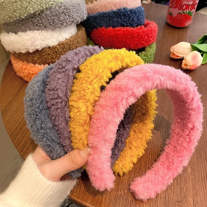 Fashion Teddy Style Thick Fur Headband Hair Bands for Women Sweet Candy Color Hair Hoop Cashmere Wide Hairbands Hair Accessories