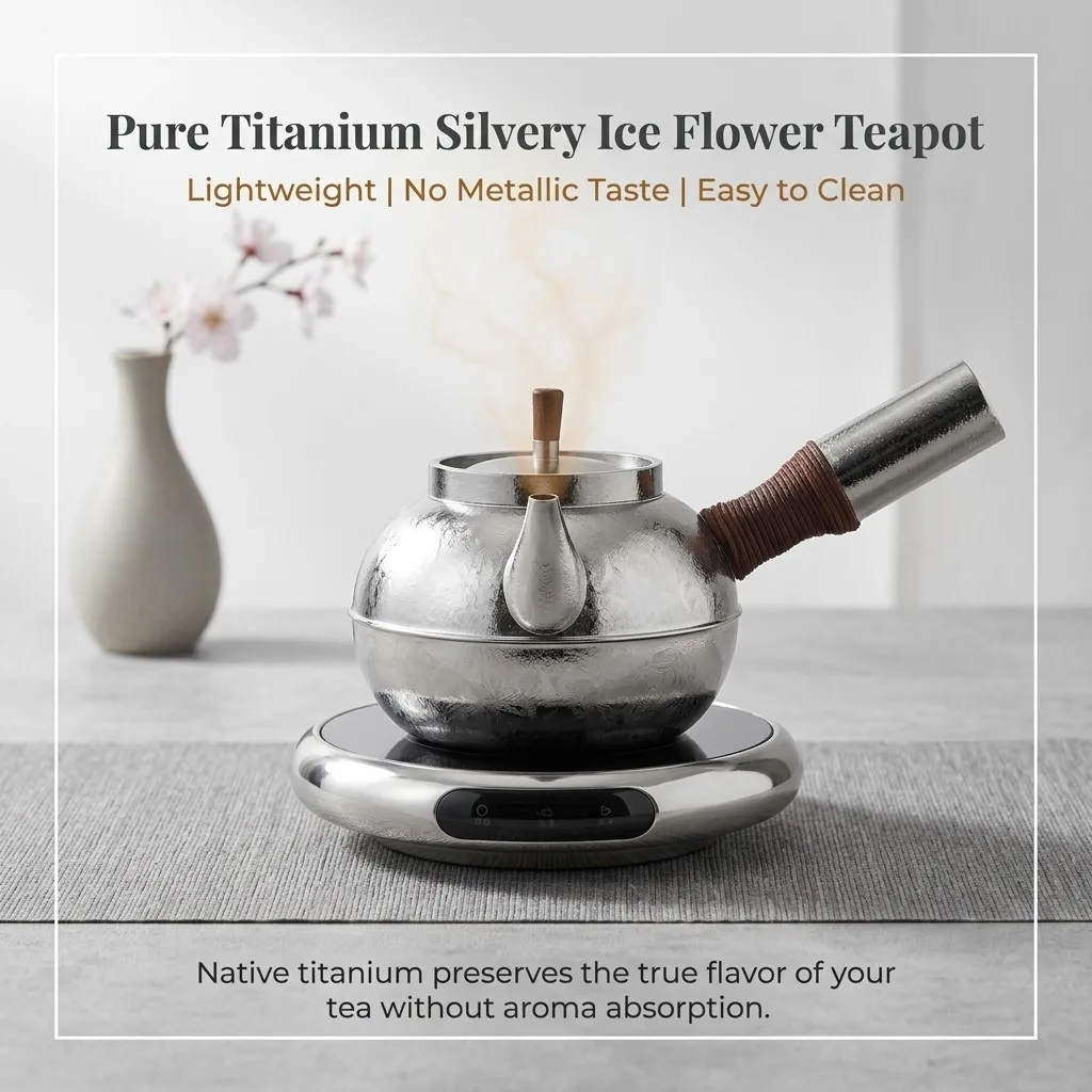 Pure Titanium Side Handle Teapot Ice Flower Texture Portable Stovetop Safe Tea Kettle Chinese Tea Set for Boiling Puer White Tea
