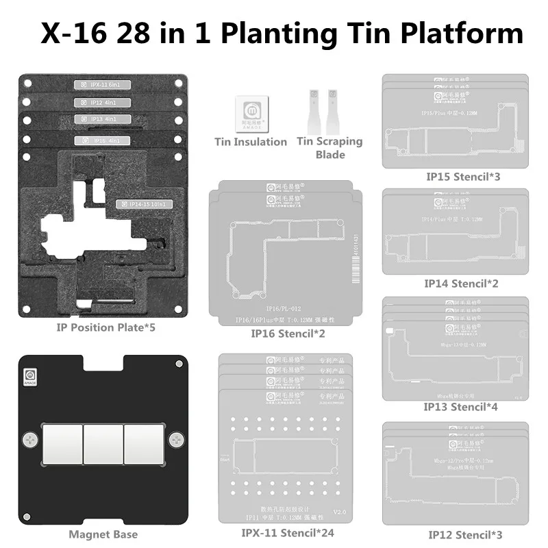 

Прочная Магнитная посадочная Оловянная Стальная Сетчатая платформа AMAOE 28 в 1 для IP 16 16Plus 16Pro 16ProMax средний слой Оловянная сетка для припоя