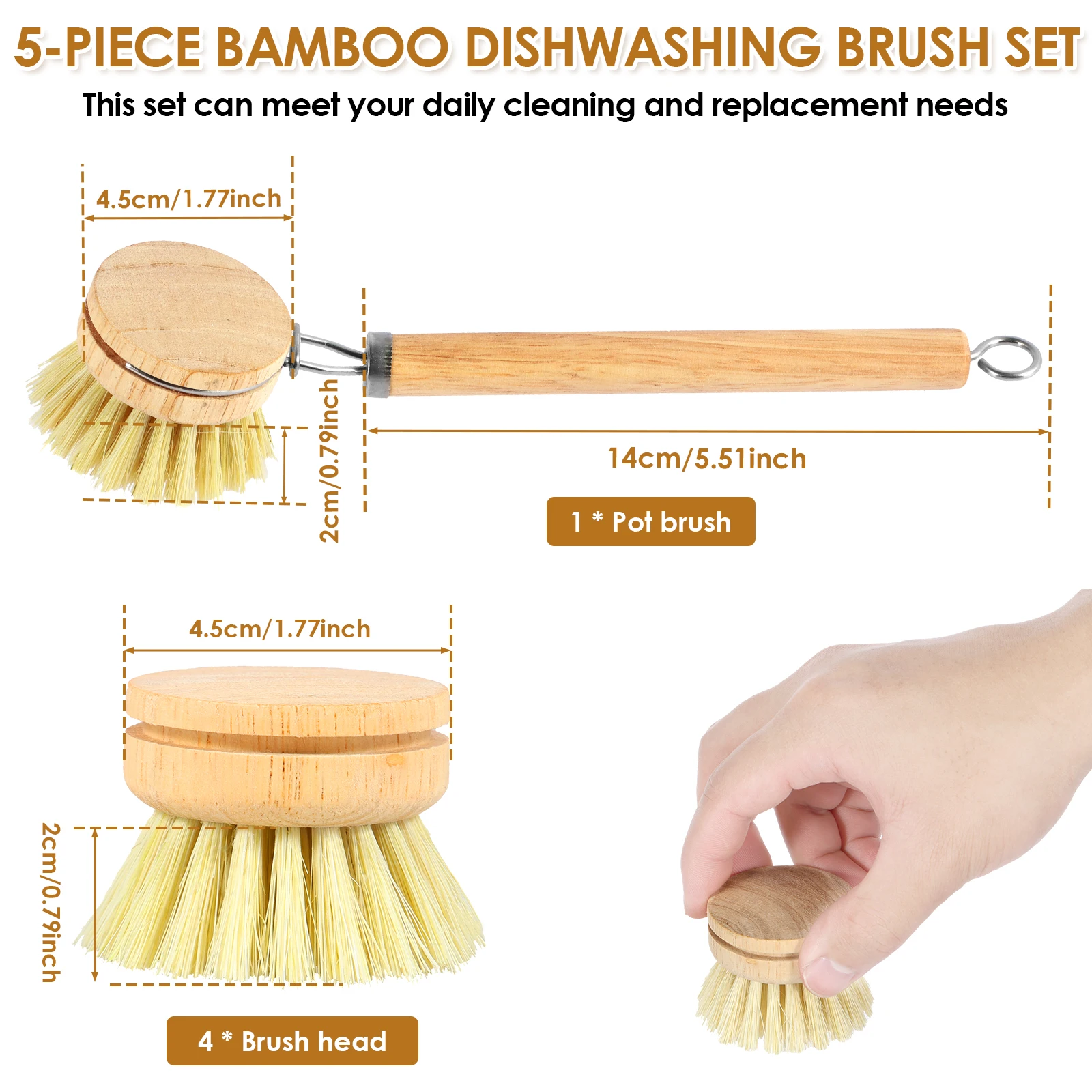 4/5Pcs Bamboo Dish Scrub Brushes Replaceable dish brush Kitchen Wooden Cleaning Scrubbers Household Cleaning Brush Cleaning Tool