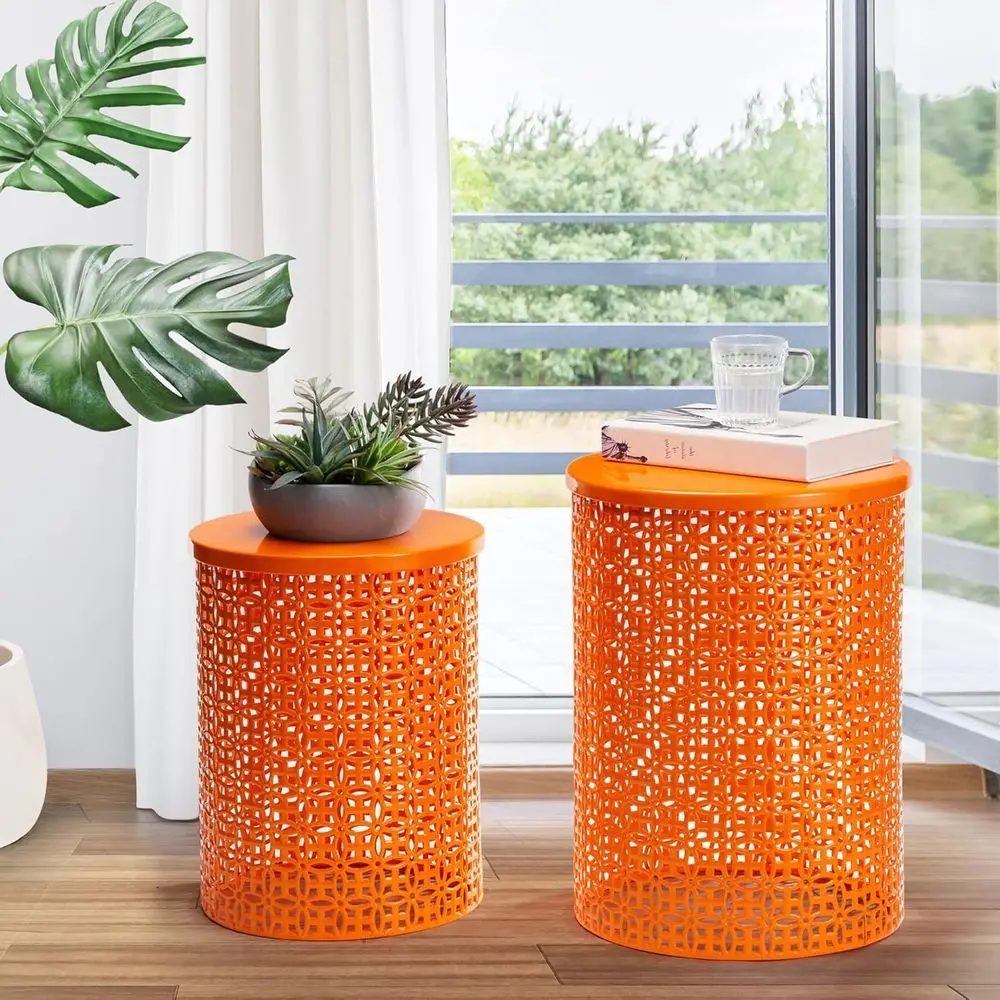 Outdoor Side Table Set o 2, Decorative Garden Stool or Patio Heavy Duty Metal e Accent Table ern End Table, Glossy Orange view 6