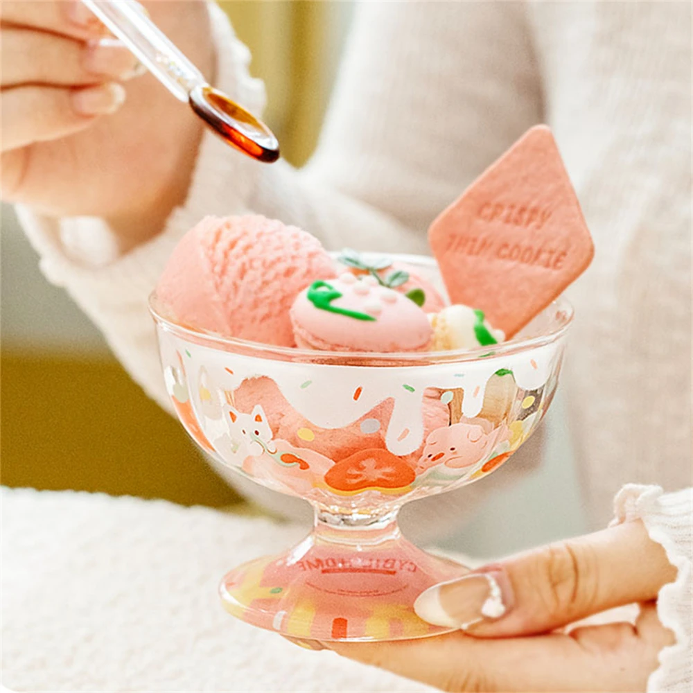 Roman Pattern Glass Cup Ice Cream Cup Home Breakfast Yogurt Juice Cup Cartoon Cute Animal Printing Thickened Goblet 210ml
