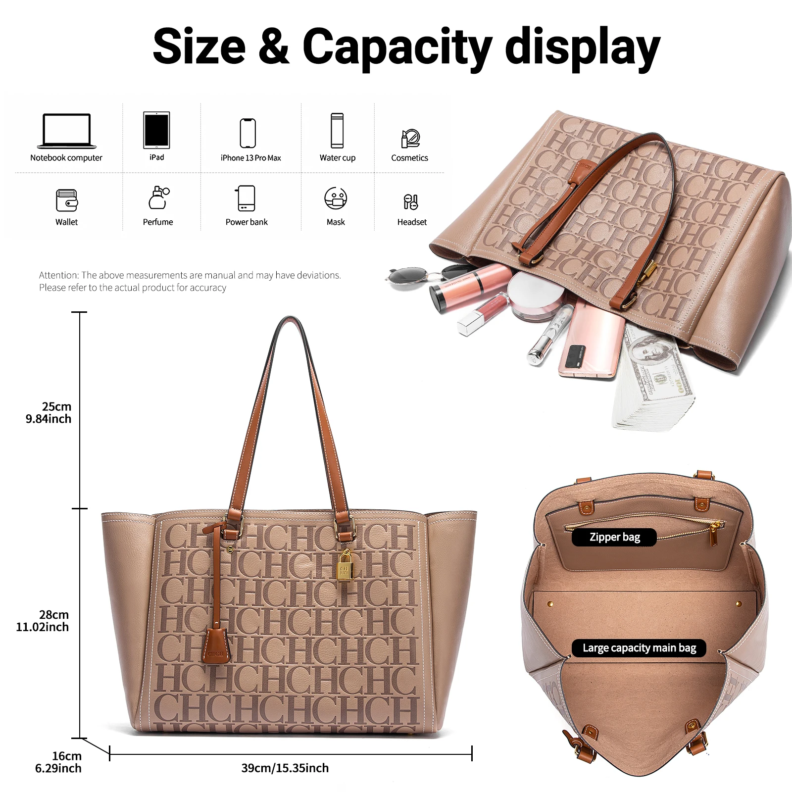 CHCH Damesdraagtas 2025, Herfst Kaki Handtas met grote capaciteit Damesopbergtas voor woon-werkverkeer