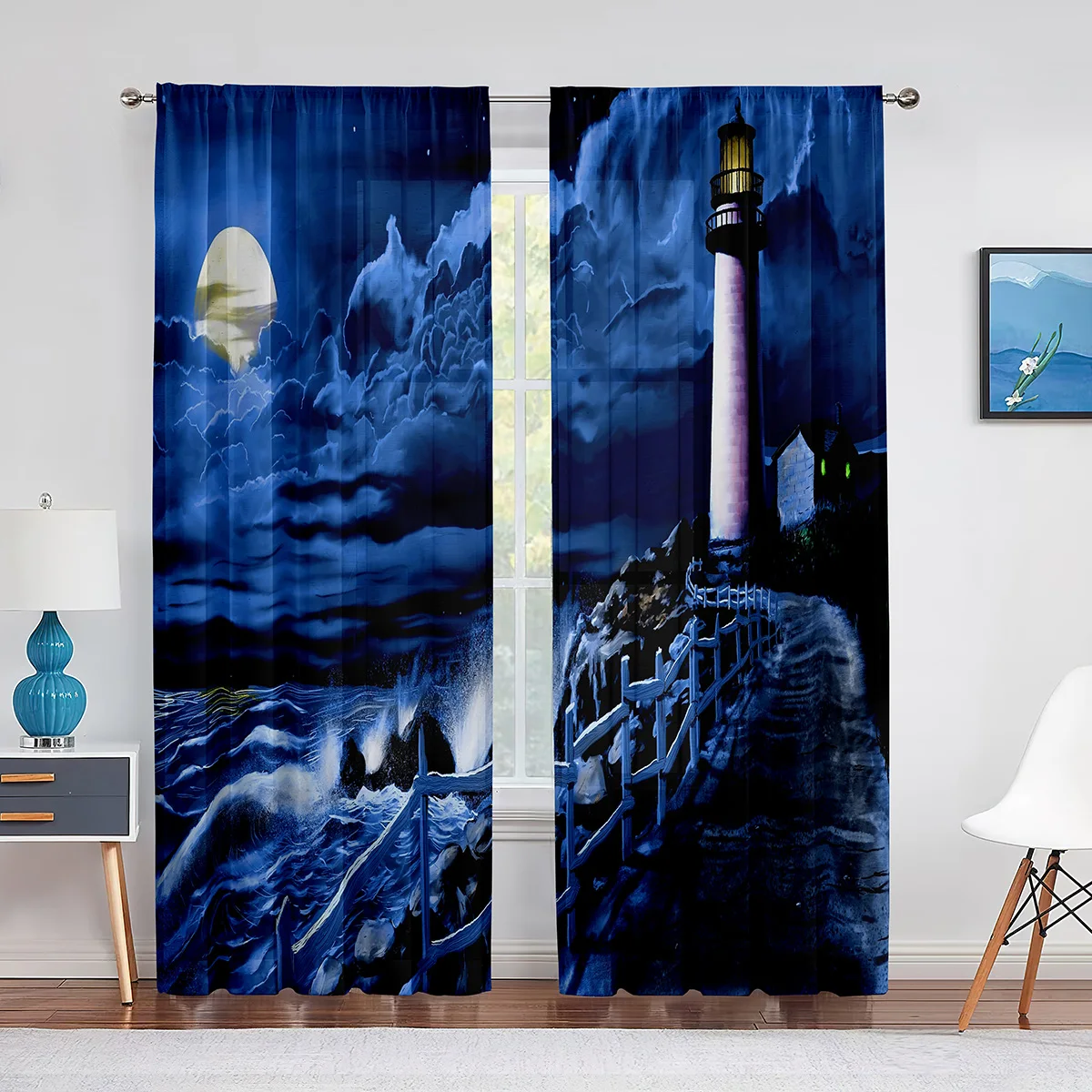 

Ocean Lighthouse Foggy Clouds Moon Night View Tulle Curtains for Living Room Bedroom Window Curtain Kitchen Sheer Voile Curtain