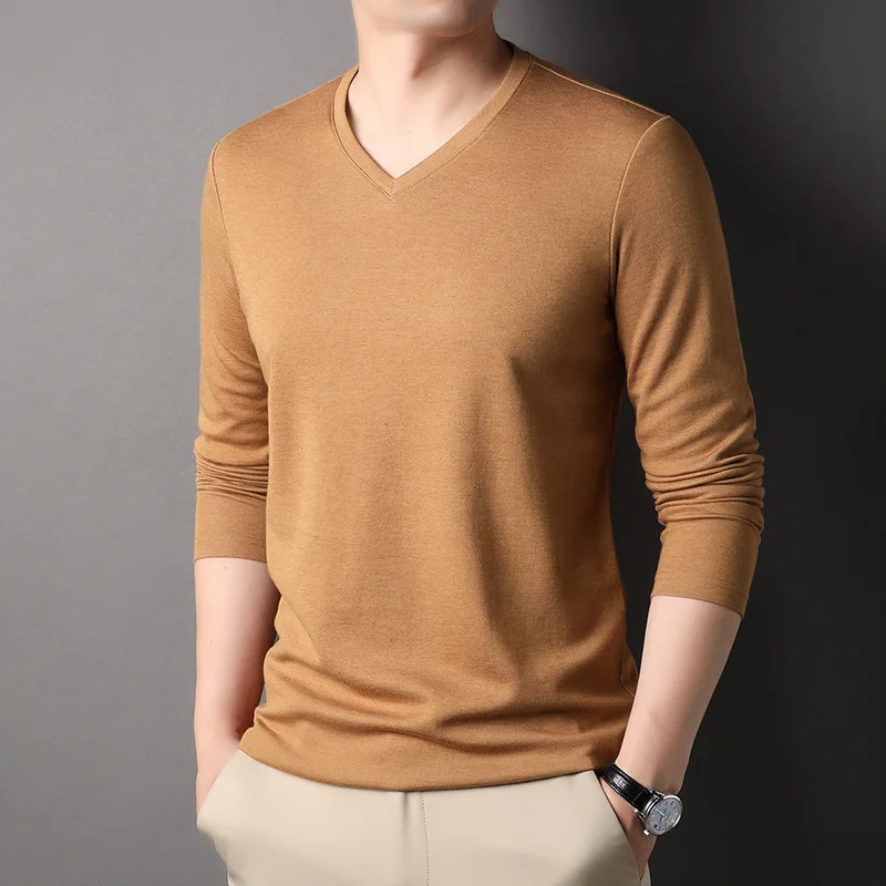 Top Quality Wool 4.7% New Fashion Luxury Brand Mens V Neck t Shirt Solid Color Soft Long Sleeve  Tops Casual Men Clothing