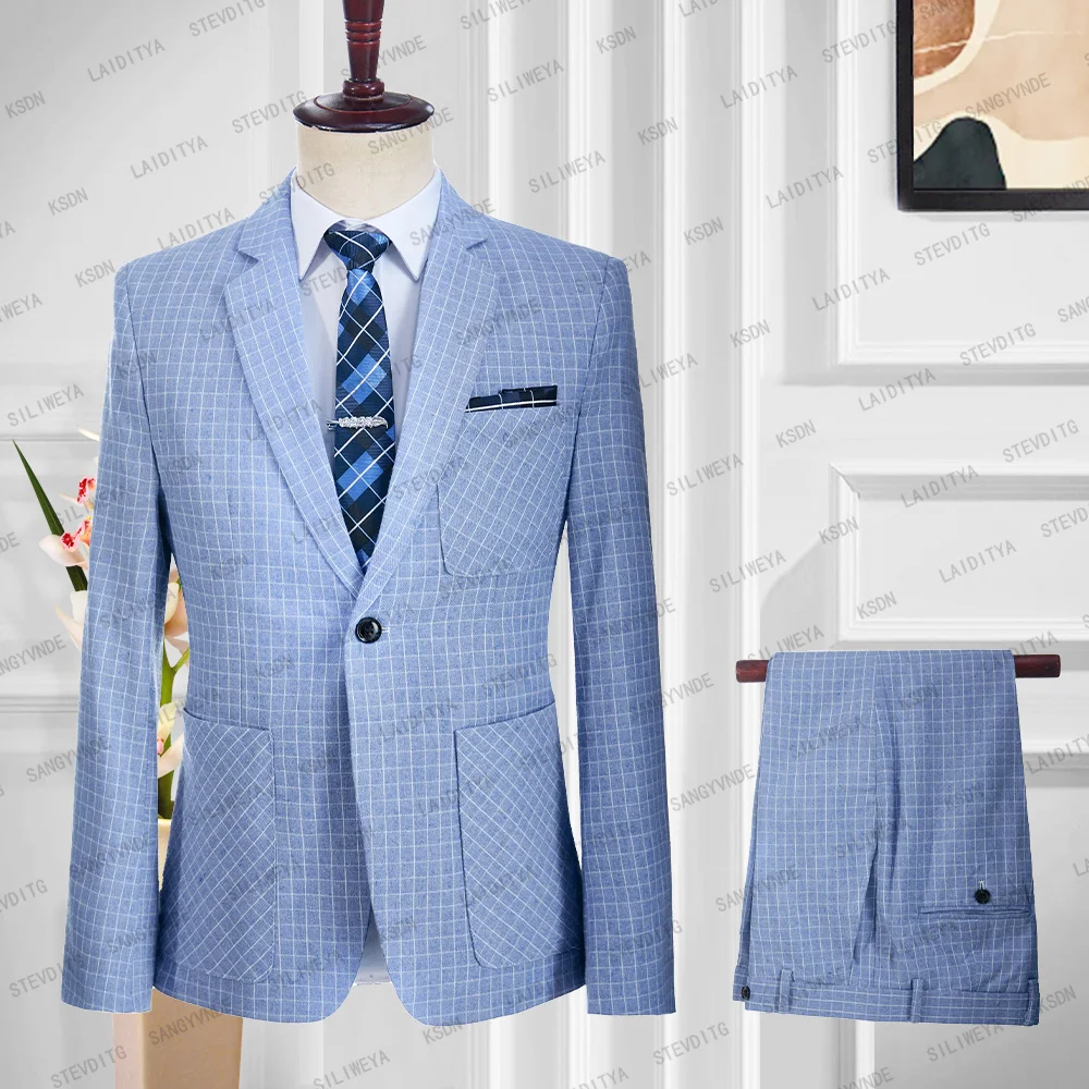 

2022 New Men Fashion Groom Wedding Dress Linen Suits Blue White Reto Classic Plaid Casual Business Tuxedo 2 Pcs Set Jacket Pants