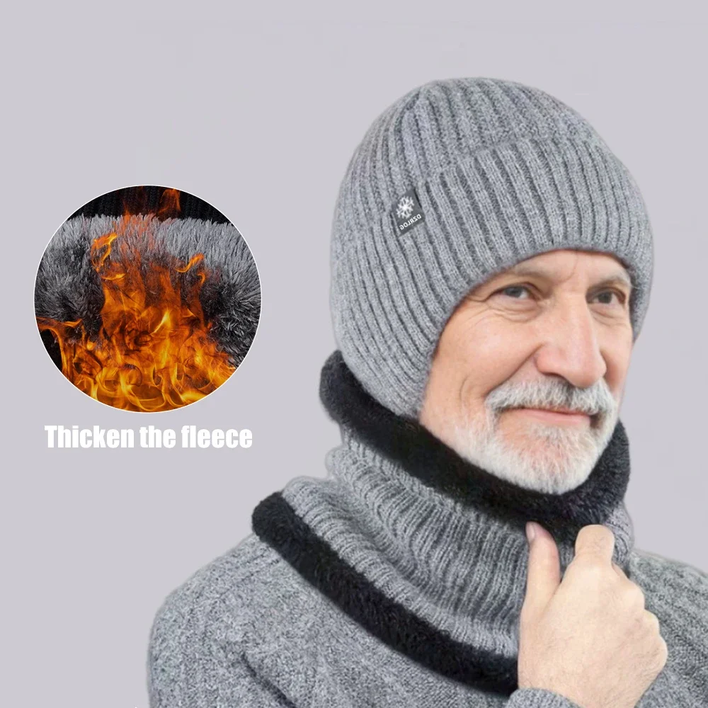 Fashion Two-Piece Set Men Knitted Coral Fleece Hat Scarf Caps Neck Warmer Winter Earmuff Hats for Dad Skullies Beanies Warm Caps