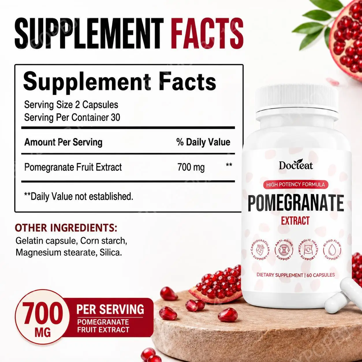 Docteat Pomegranate Fruit Extract Capsules, Ellagitannin Antioxidant Defense Immune Support and Oxidative Balance, 60 Capsules
