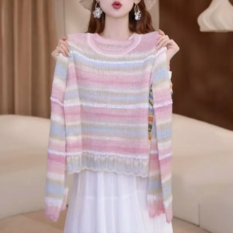 Sweet Gradient Rainbow Thin Knitted Sweater Women in Spring Summer Stylish Laid-back Versatile Beautiful Striped Top for Women