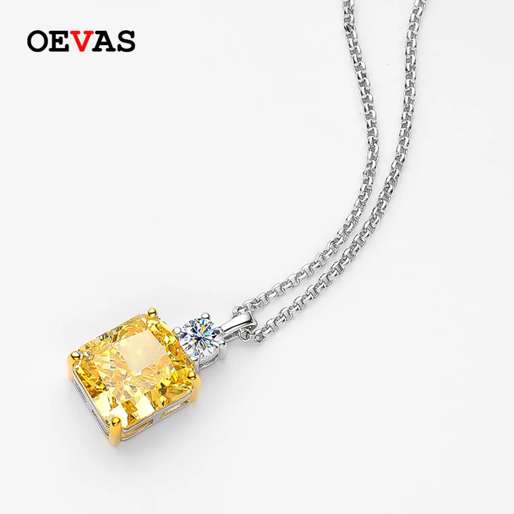 OEVAS 100% 925 Sterling Silver 9*10mm Yellow Ice Cut Topaz High Carbon Diamoind Pendant Neckalce For Women Party Fine Jewelry