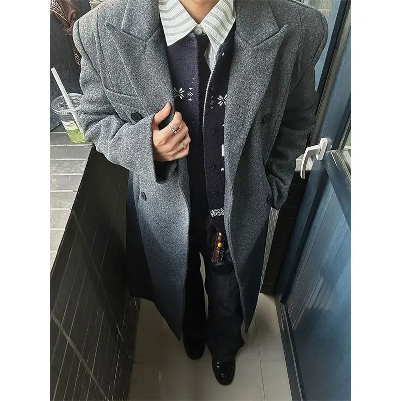 

Wool Blend Coat Black Man Western Cowboy Suede Fringe Retro Buckled Cargo Pocket Decorative Badge Emblem Embroidery Printed Cool