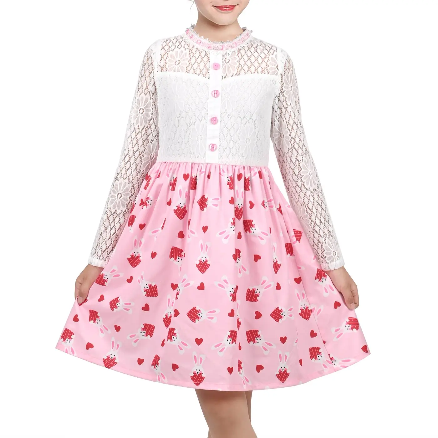 Girls Dress Easter Bunny Heart Lace Pink Lovely Holiday Spring Festival