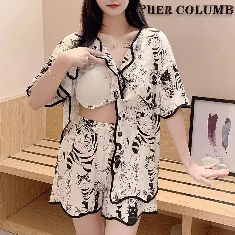 Pajama Women 2024 Summer Thin Pure Cotton Short Sleeved Shorts Cardigan With Chest Pad Integrated no Wear bra Home Clothing set