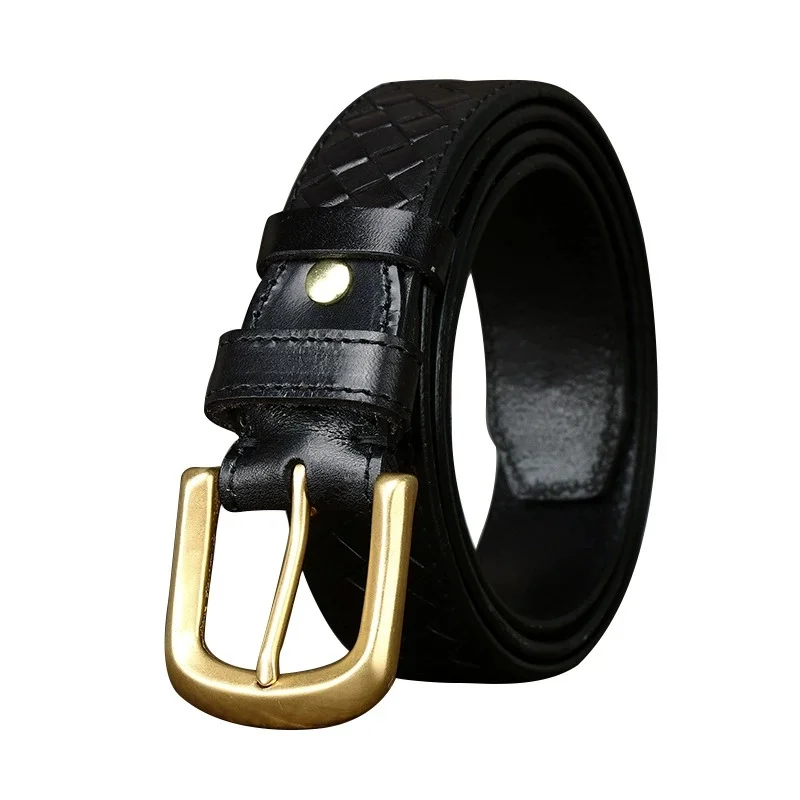 SEEDAX Men's Fashion Braided Brass Pin Buckle Belt Retro Luxury Male 3.3cm Top Cowhide Genuine Leather Belts