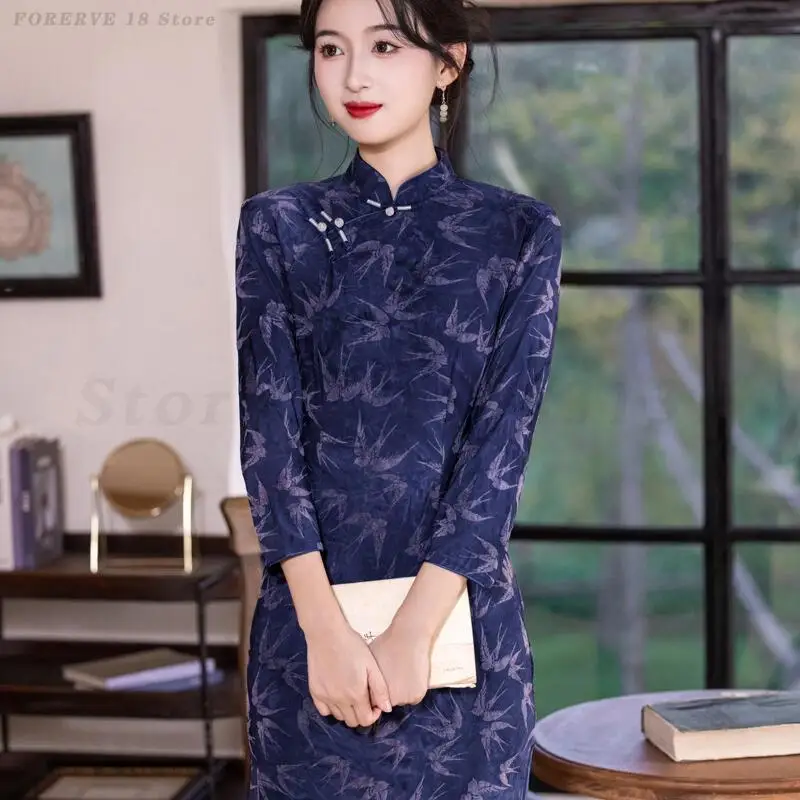 حجم كبير 4XL شيونغسام خمر زهرة مطبوعة الصينية التقليدية فستان الخريف الشتاء جديد تشيباو الشرقية مساء ثوب الحزب