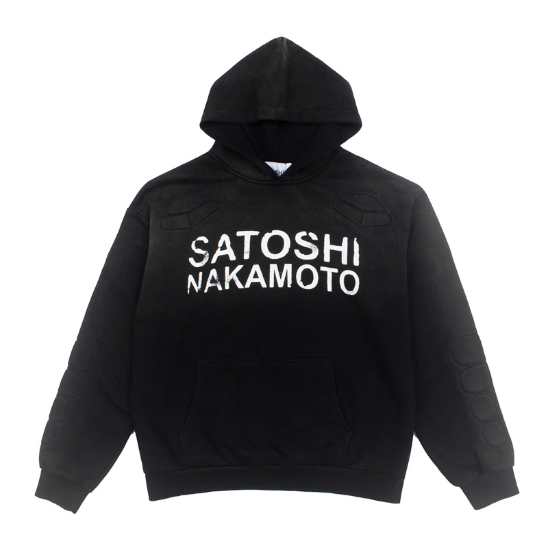 2026 New SATOSHI NAKAMOTO Unisex Pullover Hoodie Distressed Letter Print Embossed Sleeve Street Sweatshirt