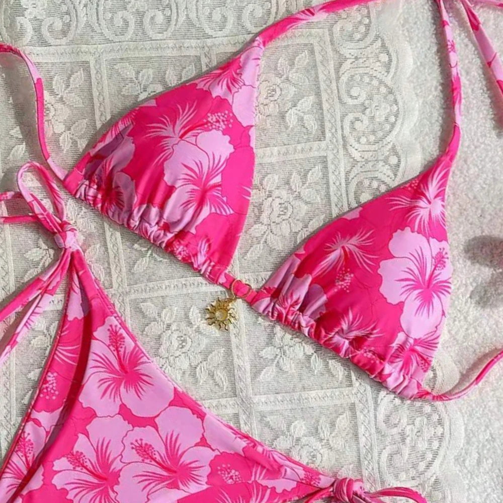 Women's Printed Vest Bikini+Thong Bra Design Women's Swimsuit Set Fashionable and Cute Beach Bikini Set 2026 New Product