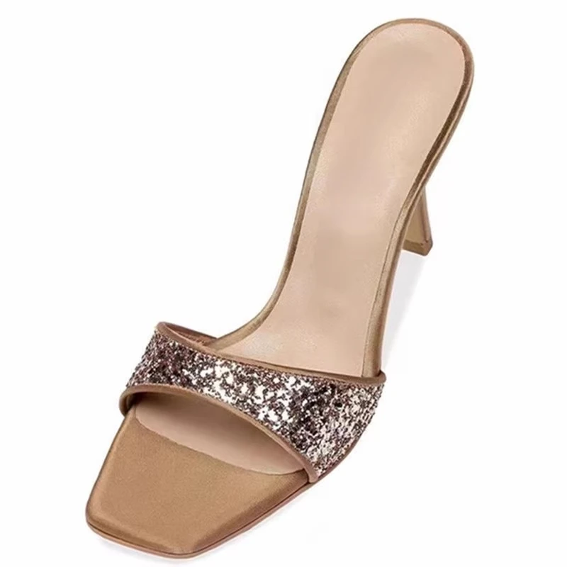 

2026 New Summer One-word Strap High Heels Versatile Square Head Sequins Open-toed Simple Thin Heel Half Slippers Women's Sandals