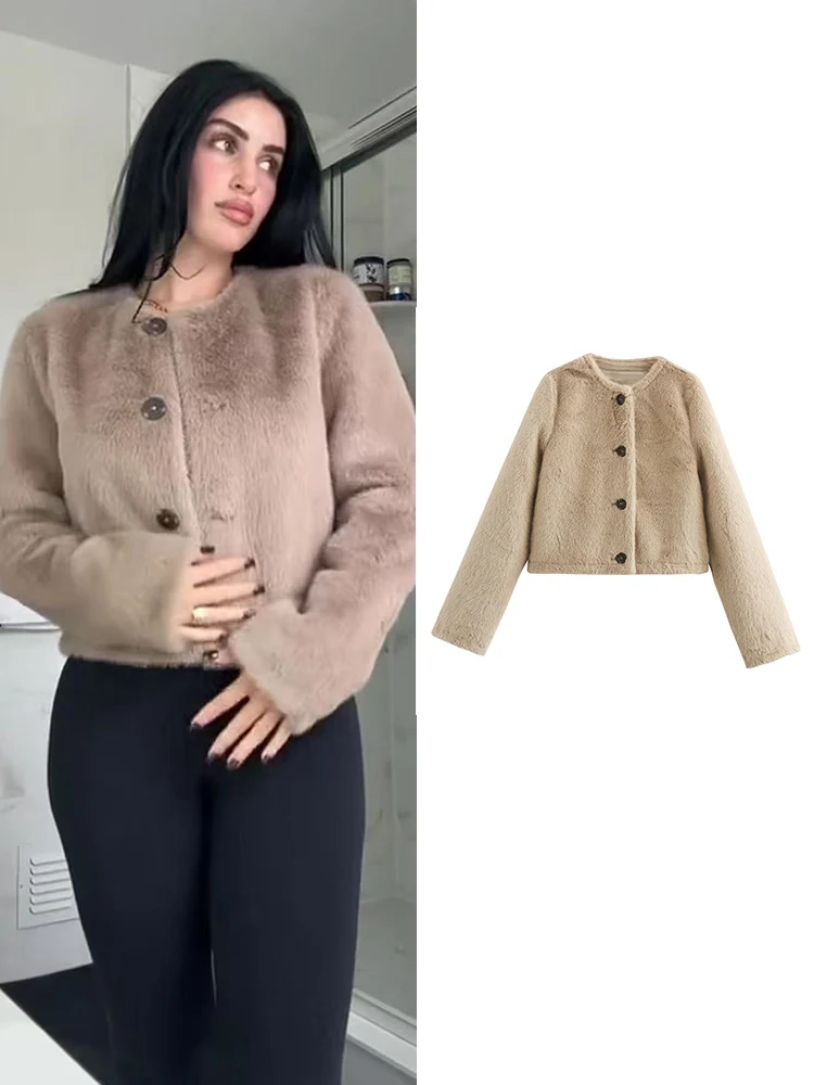 

TFMLN Women Solid Faux Fur Coat Round Collar Full Sleeve Jacket Elegant Fashion 2025 Autumn Winter Single Breasted Outwear