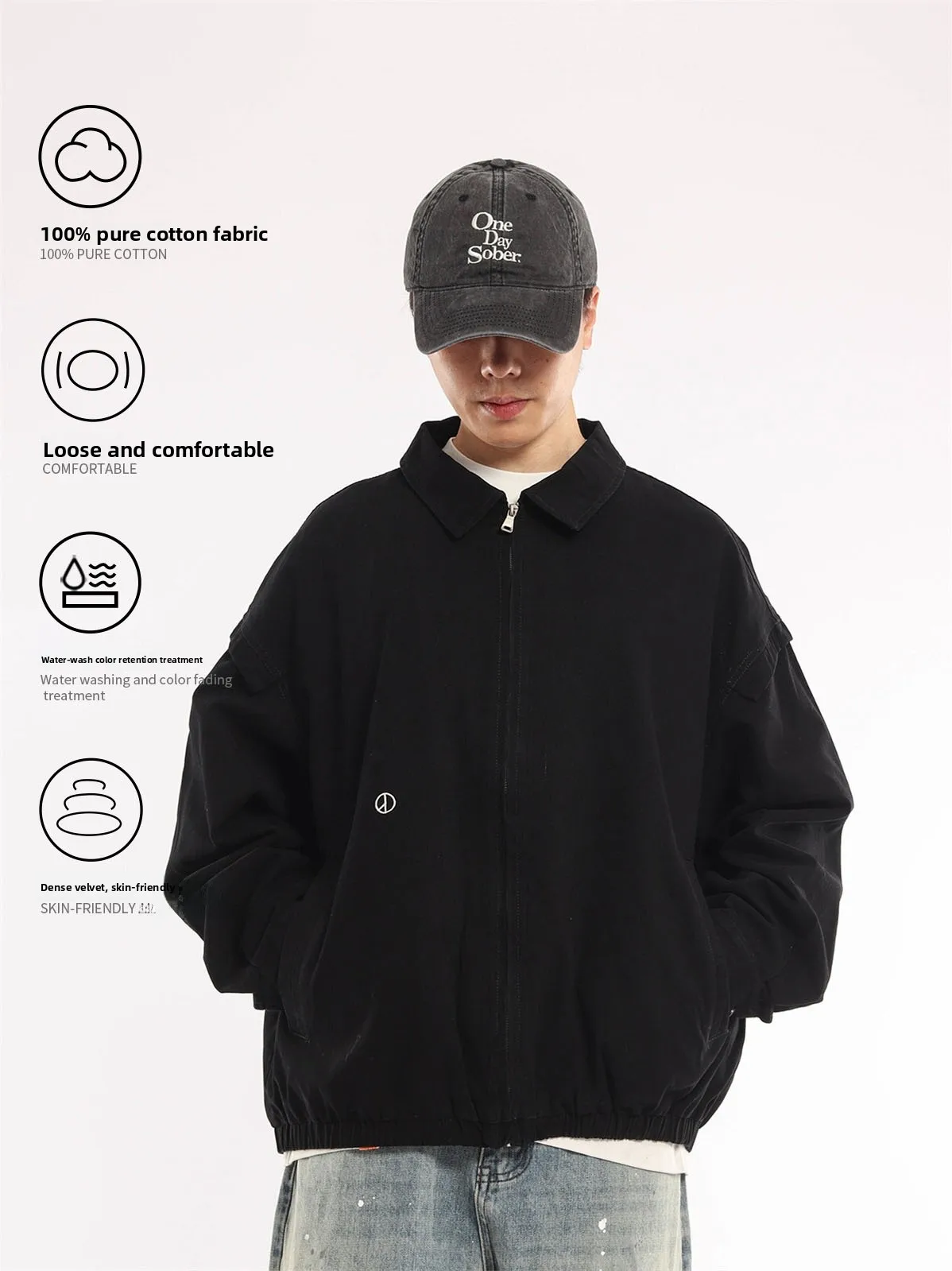 Washed Vintage Japanese Style Pure Cotton Jacket Simple Embroidered Collar Casual Workwear Versatile Loose Fit Men's Coat