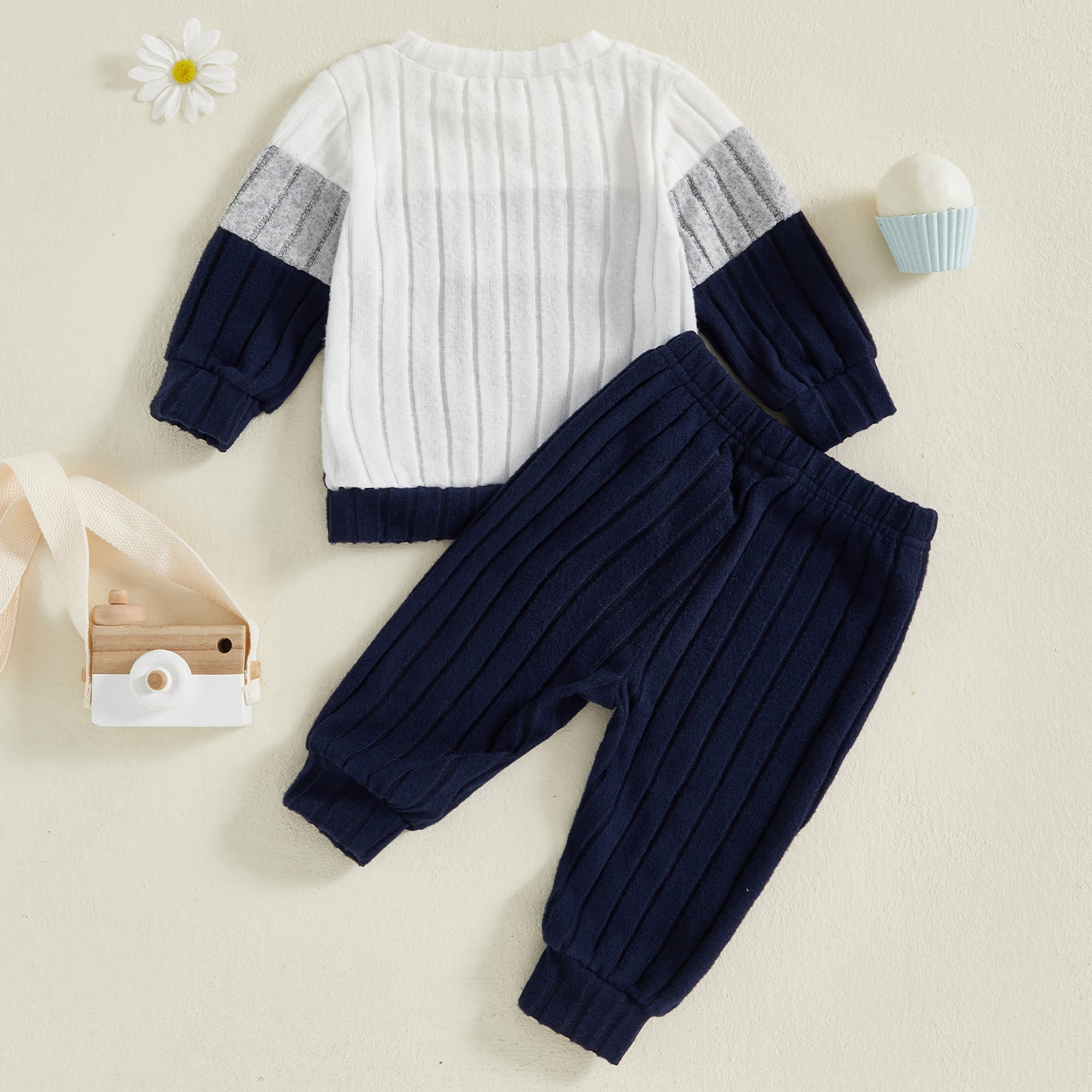 VISgogo 0-3 Years Boys Fall 2Pcs Clothes Sets Long Sleeve O Neck Patchwork Pullover Solid Color Pants