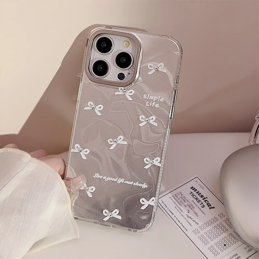 3D pearl bow cartoon cute shockproof phone case for iphone 13 14 pro max 15 plus 12 promax ins relif back cover