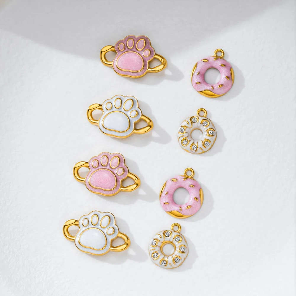 2 Stück/Set Edelstahl Rosa Emaille Pfotenabdruck Donut Anhänger Charms für DIY Armband Schmuckherstellung Zubehör Bastelzubehör – Detail 5