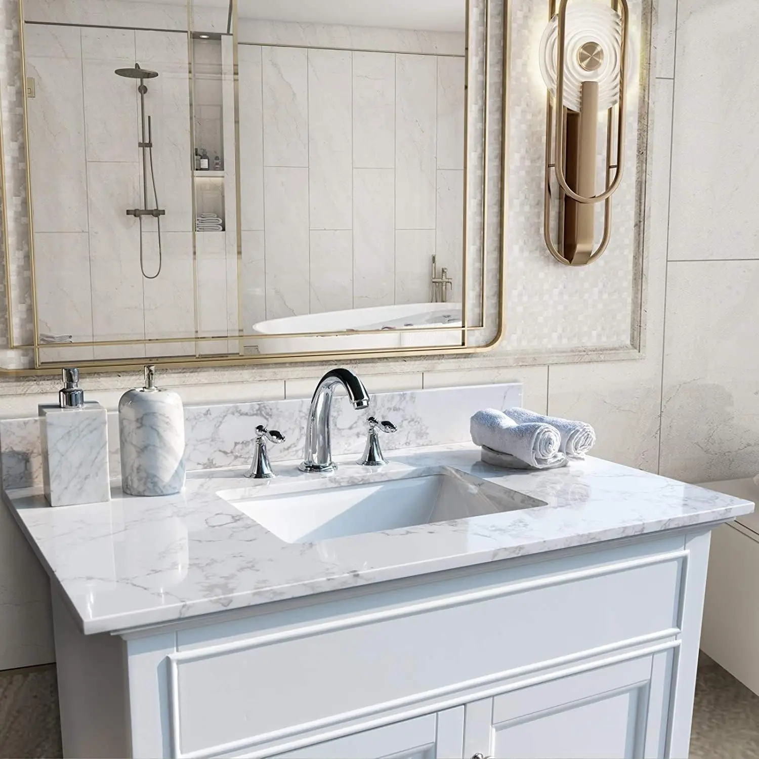 37 Inch Marble Vanity Top with Undermounted Rectangular Ceramic Sink & Backsplash, White Carrara Engineered Stone Countertop